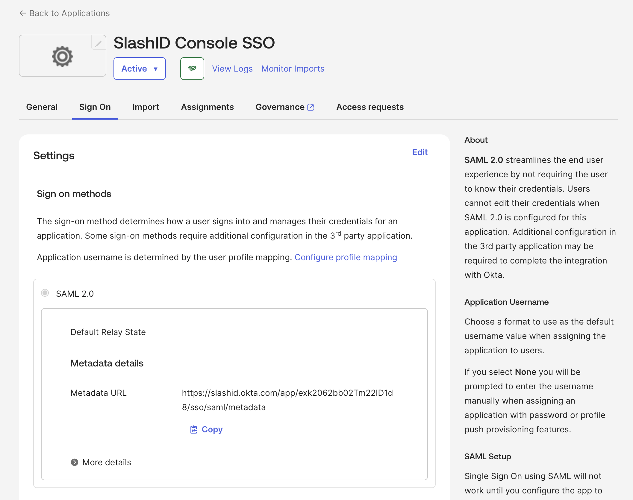 Okta - Copy Metadata URL